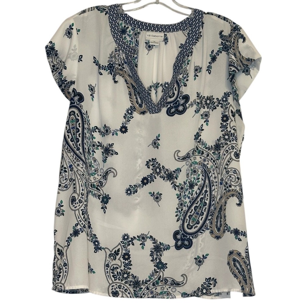 Liz Claiborne Blouse Womens White Navy Blue Paisley Cap Sleeve Summer Flowy XL‎